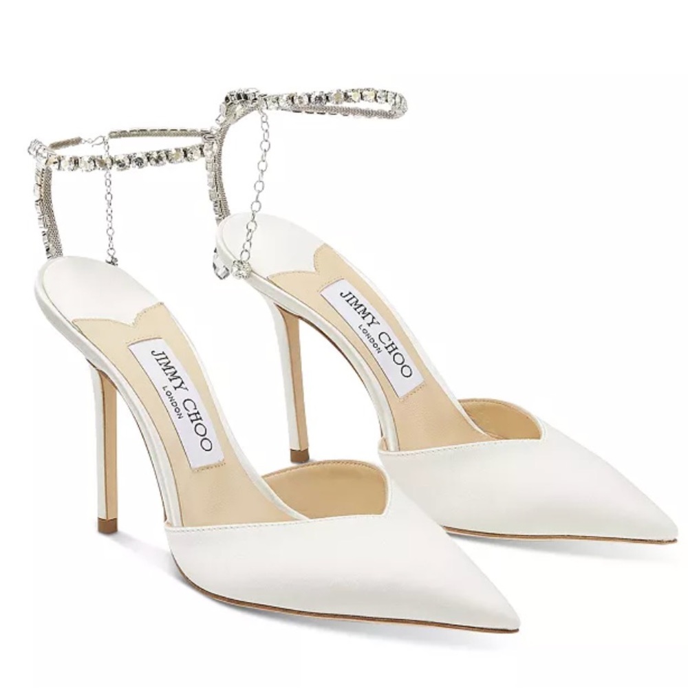 Jimmy Choo Saeda ivory satin pump with Crystal Charm